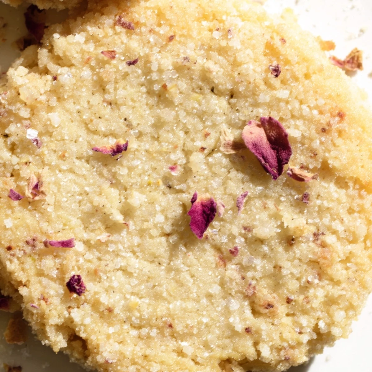 Soft vegan coconut rose sugar cookies with delicate pink edges and rose petal topping