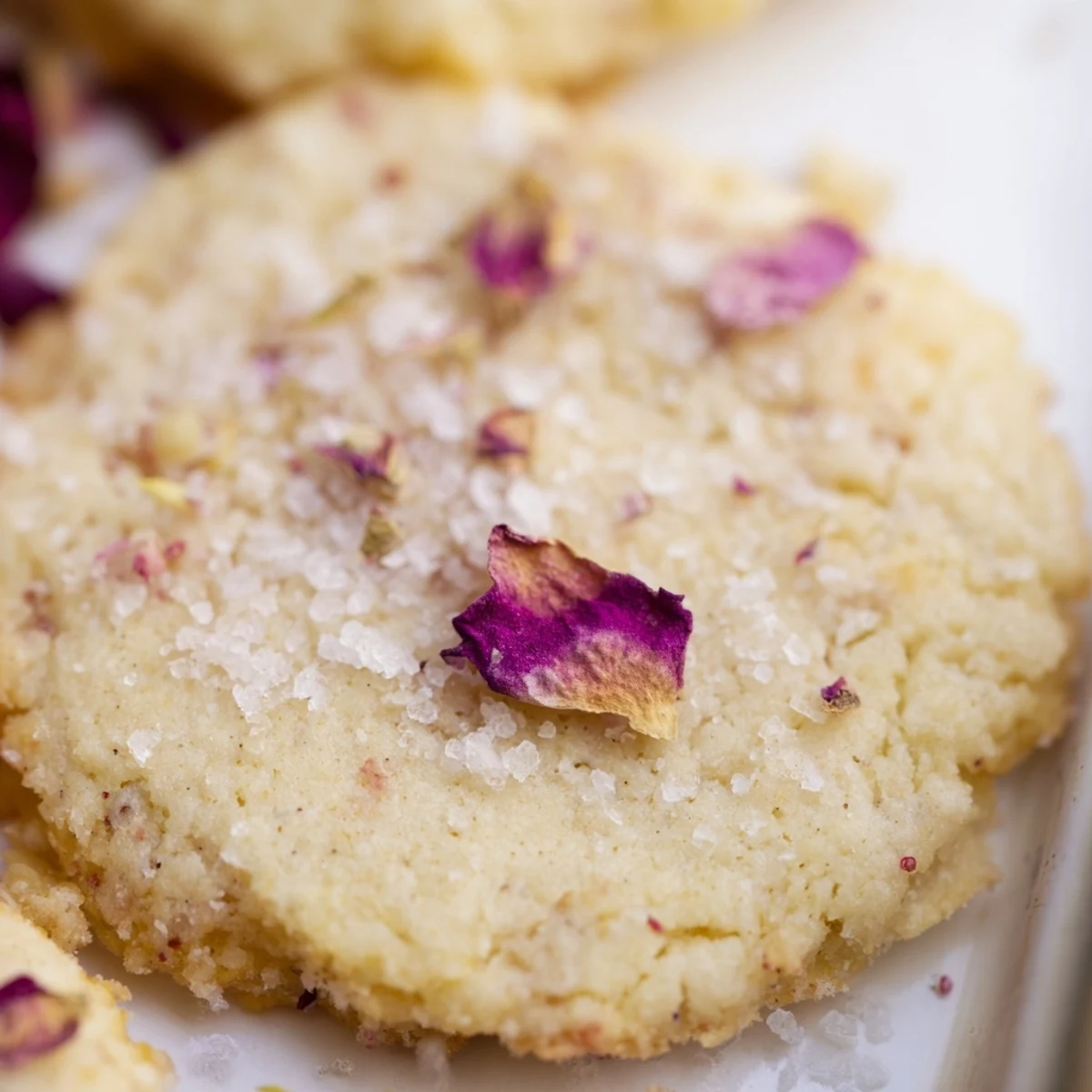 Golden-brown vegan coconut rose sugar cookies arranged on rustic parchment-lined baking sheet ready to serve