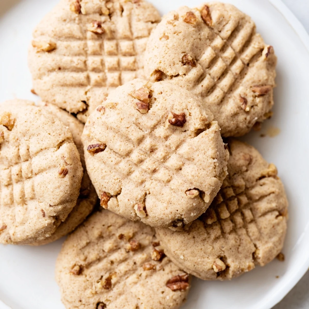 Golden keto cinnamon walnut butter cookies with cracked walnut tops on rustic parchment paper