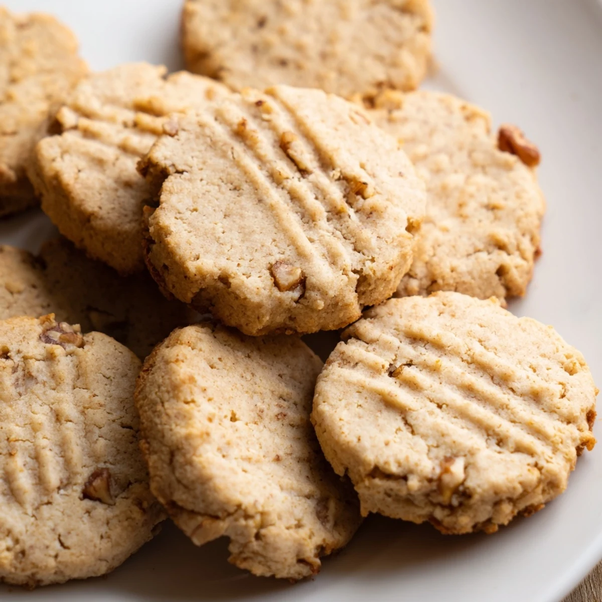 Soft warm keto cinnamon walnut butter cookies arranged on white ceramic serving plate