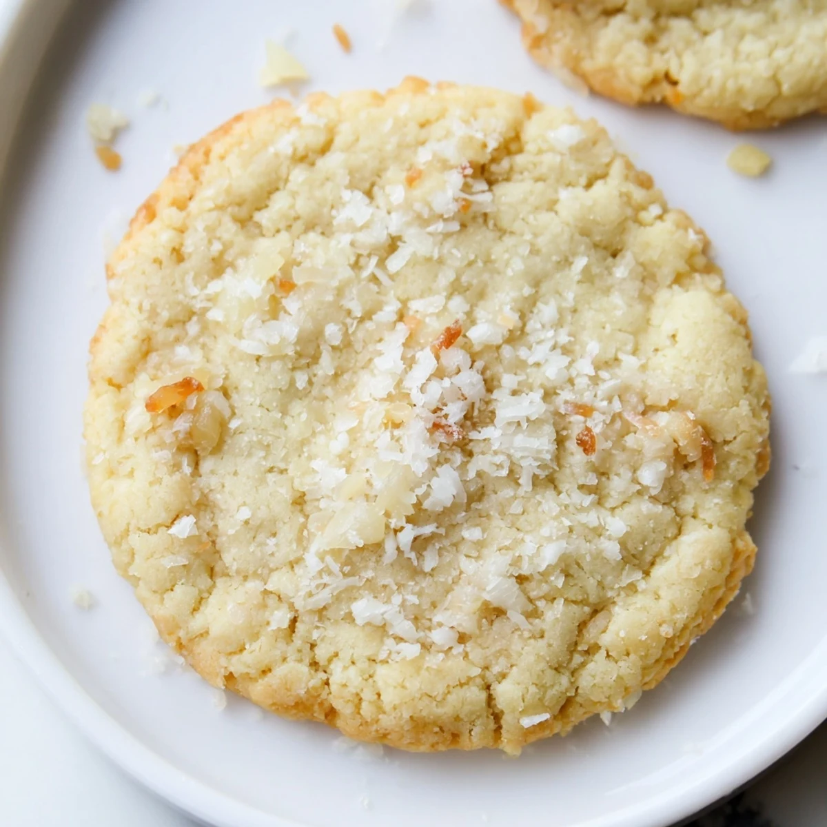 Soft Vegan Coconut Pineapple Sugar Cookies with golden edges on a rustic white plate