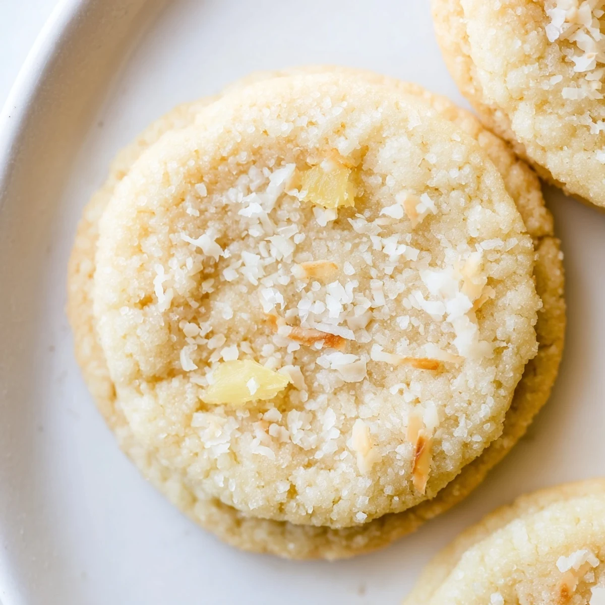 Chewy Vegan Coconut Pineapple Sugar Cookies topped with shredded coconut and dried pineapple pieces