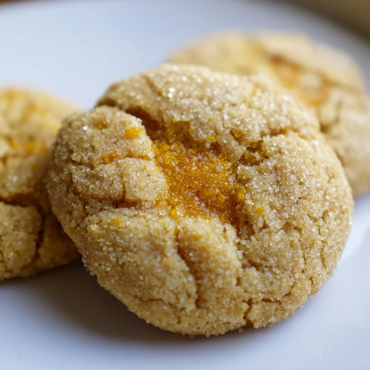 Golden brown vegan persimmon vanilla sugar cookies arranged on a white ceramic serving plate
