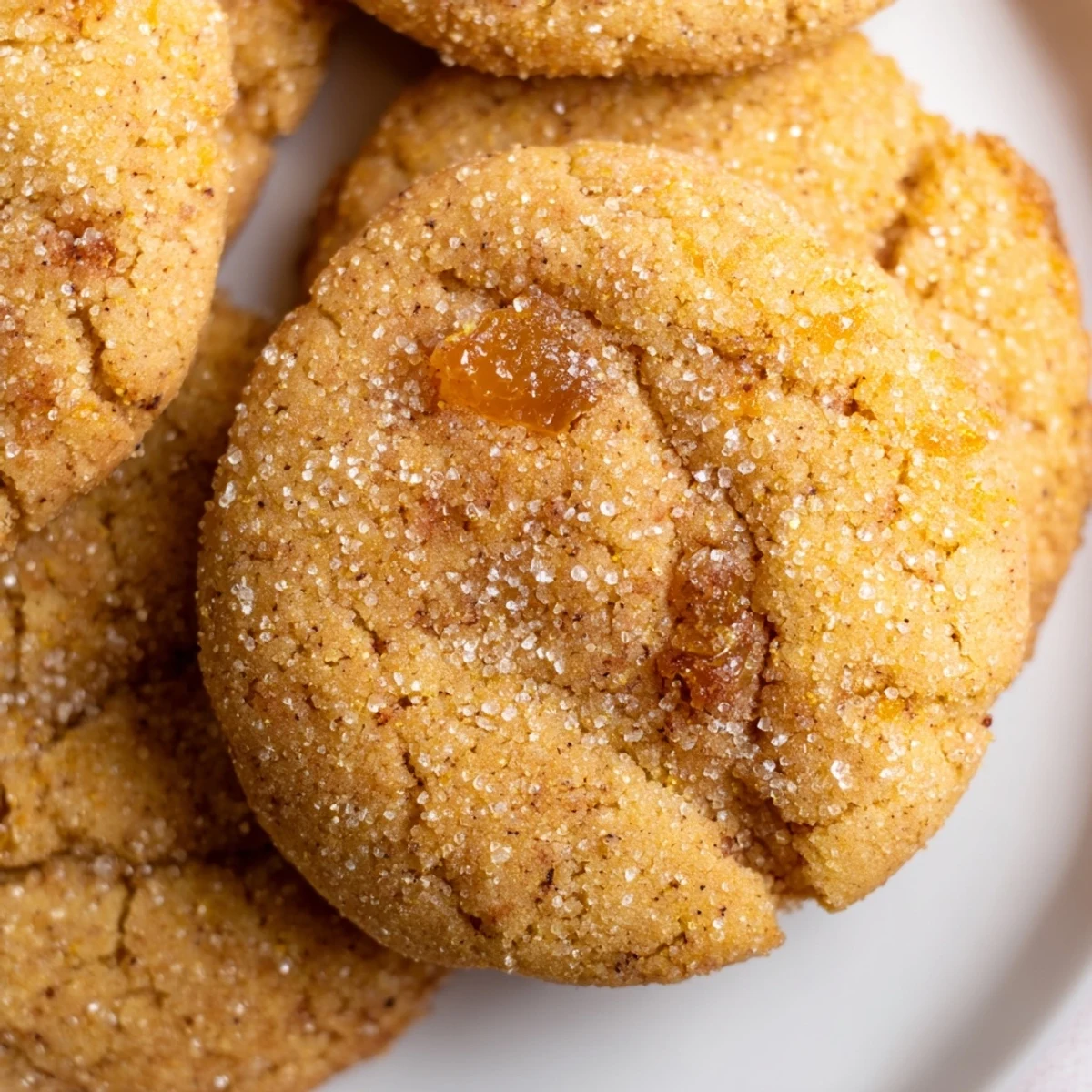 Chewy vegan persimmon vanilla sugar cookies dusted with sparkling sugar beside a warm cup of tea