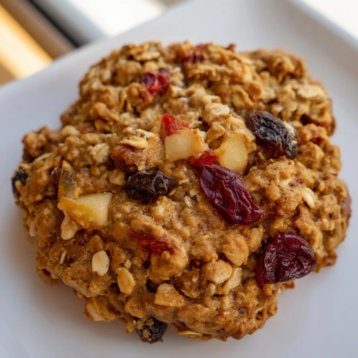 Soft apple cranberry oatmeal raisin cookies with golden edges cooling on a wire rack