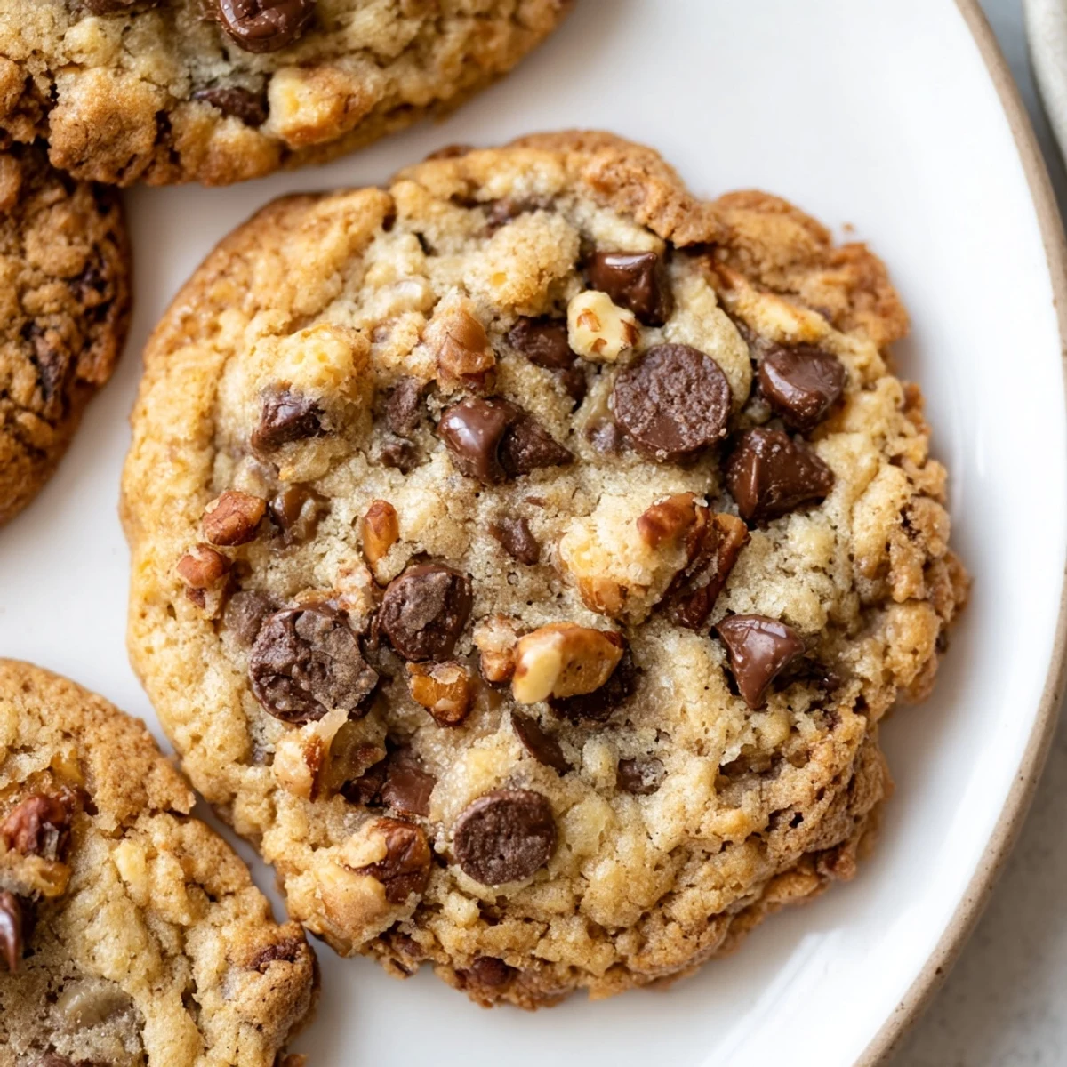 Golden gluten-free dark chocolate toffee crunch cookies with melty chocolate pools and crispy edges