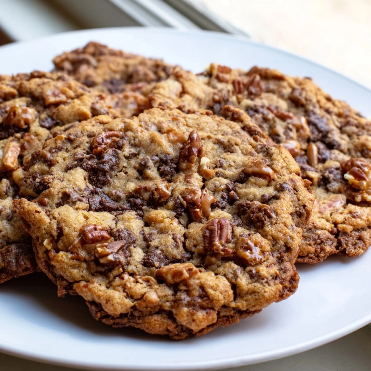 A warm gluten-free dark chocolate toffee crunch cookie resting on a rustic parchment-lined baking sheet