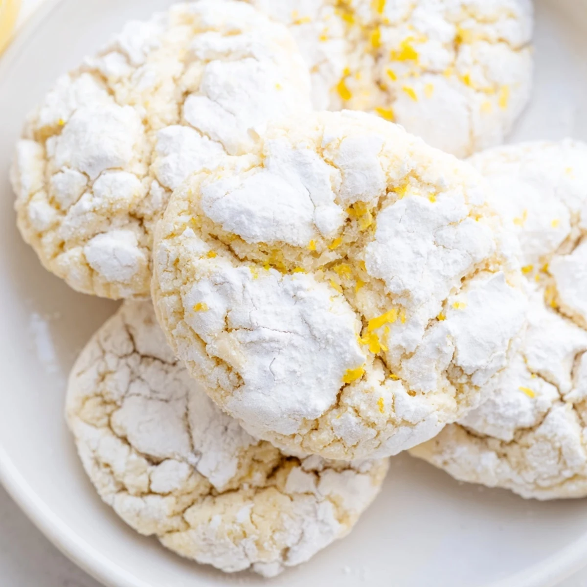 Gluten-free lemon almond crinkle cookies dusted with snowy powdered sugar on rustic wooden surface