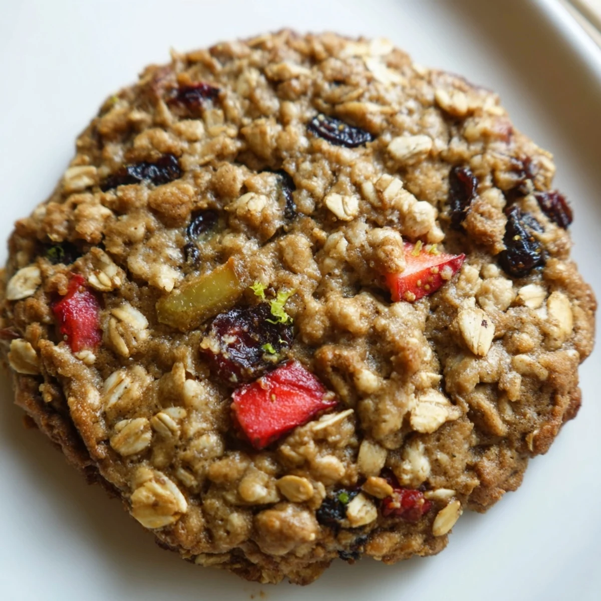 Chewy oatmeal cookies studded with bright red strawberries, plump raisins, and fragrant citrus zest