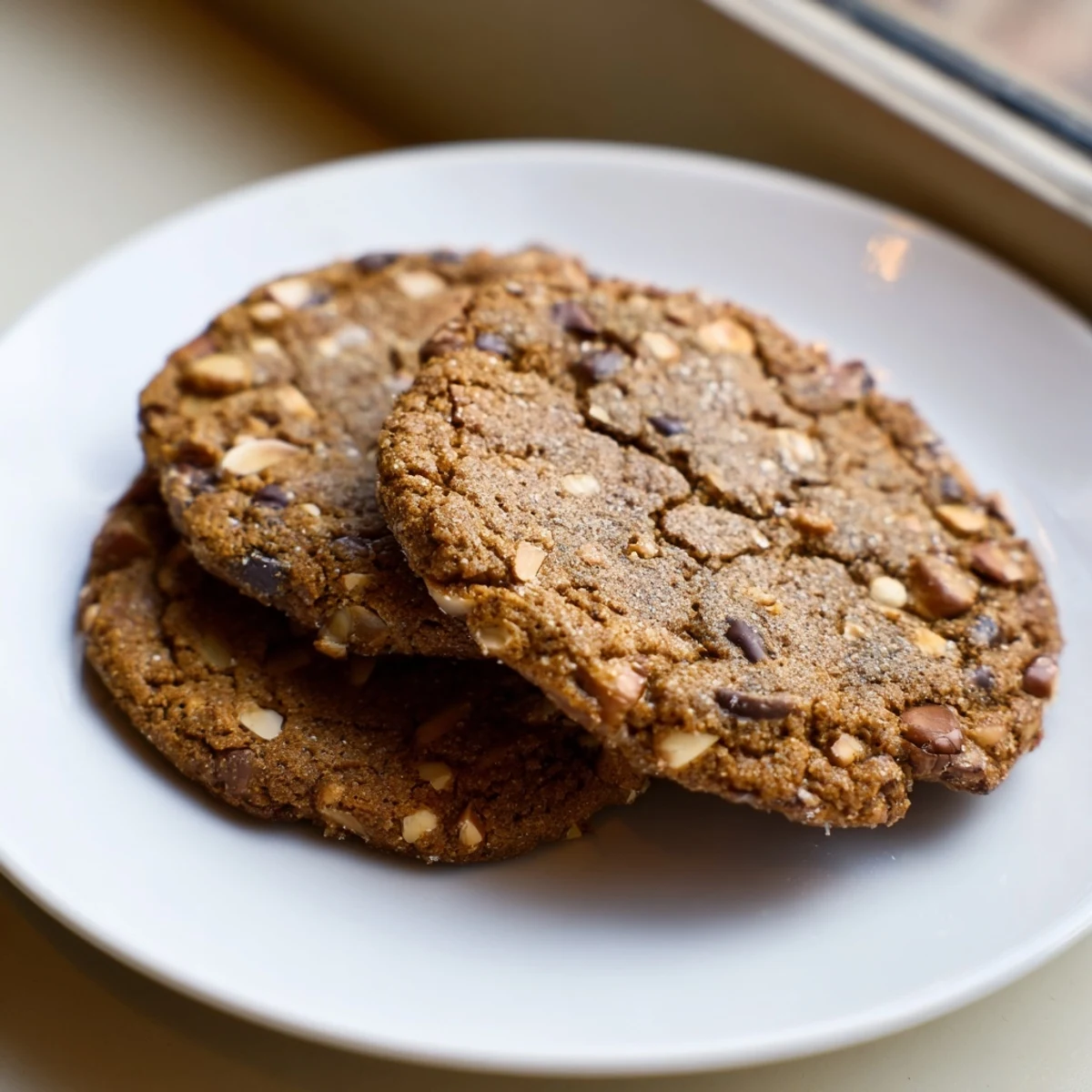 Golden Gluten-Free Espresso Almond Crunch Cookies with cracked edges and chocolate chips on rustic parchment