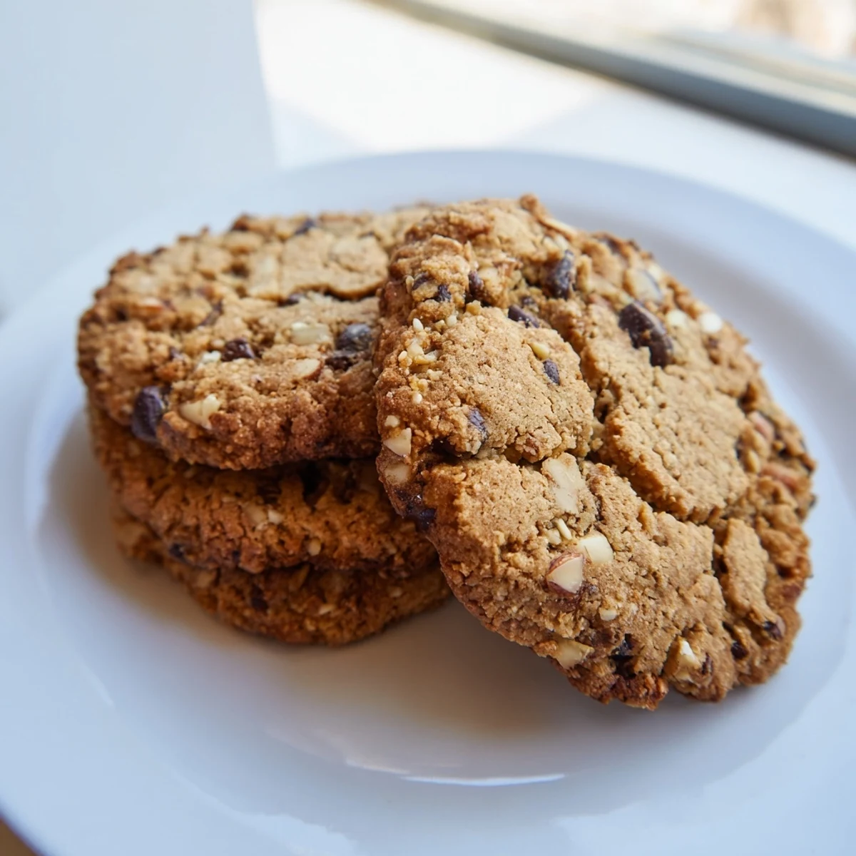 Crisp Gluten-Free Espresso Almond Crunch Cookies stacked beside a steaming mug of dark coffee