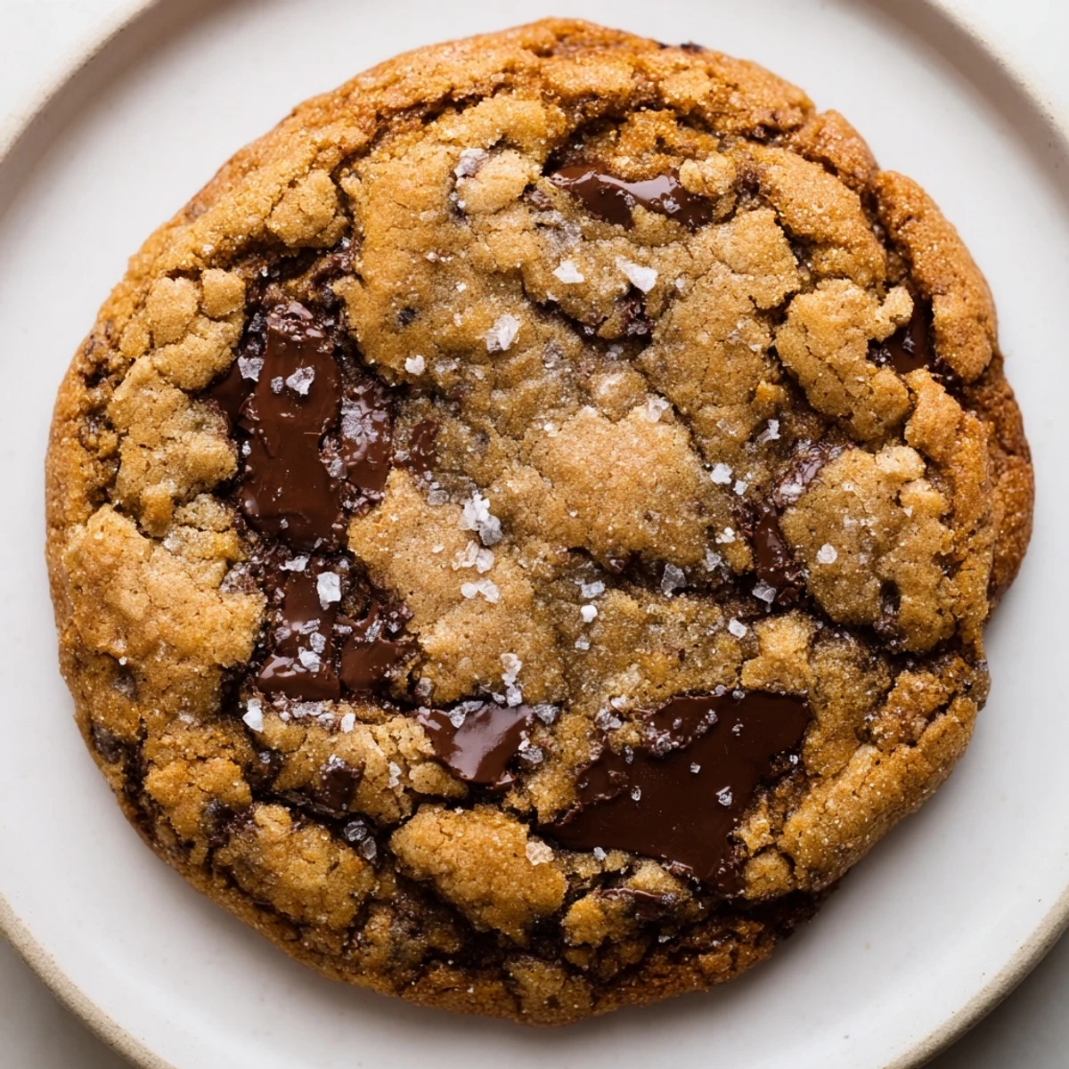 Golden brown butter salted honey chocolate chip cookies with melty chips and flaky sea salt topping