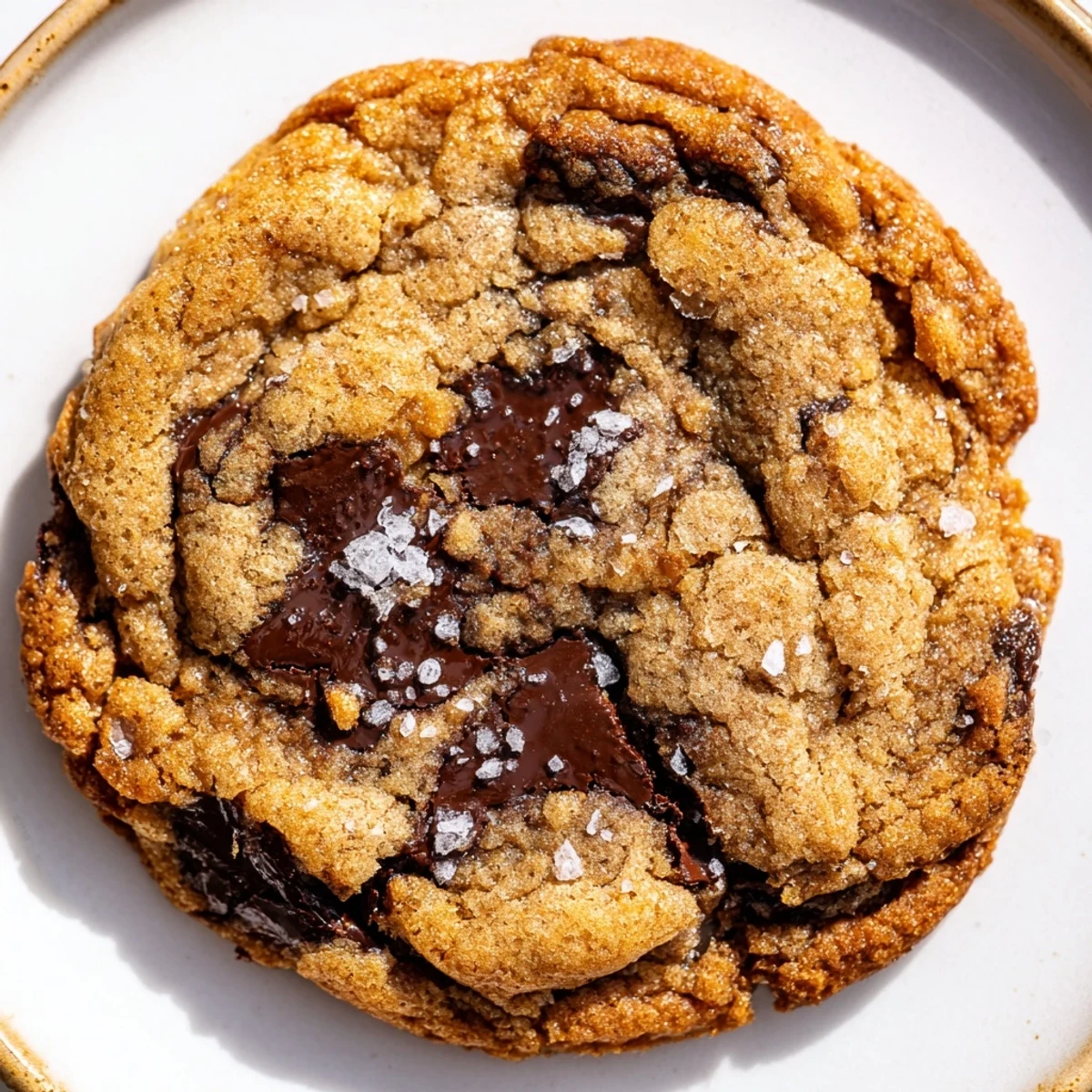 Chewy brown butter salted honey chocolate chip cookies fresh from the oven on parchment paper