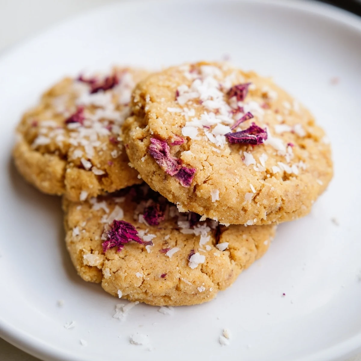 Soft vegan coconut hibiscus sugar cookies with speckled pink petals on rustic baking sheet