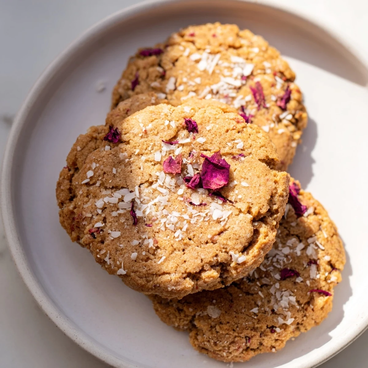Chewy vegan coconut hibiscus sugar cookies dusted with sparkling sugar ready for serving