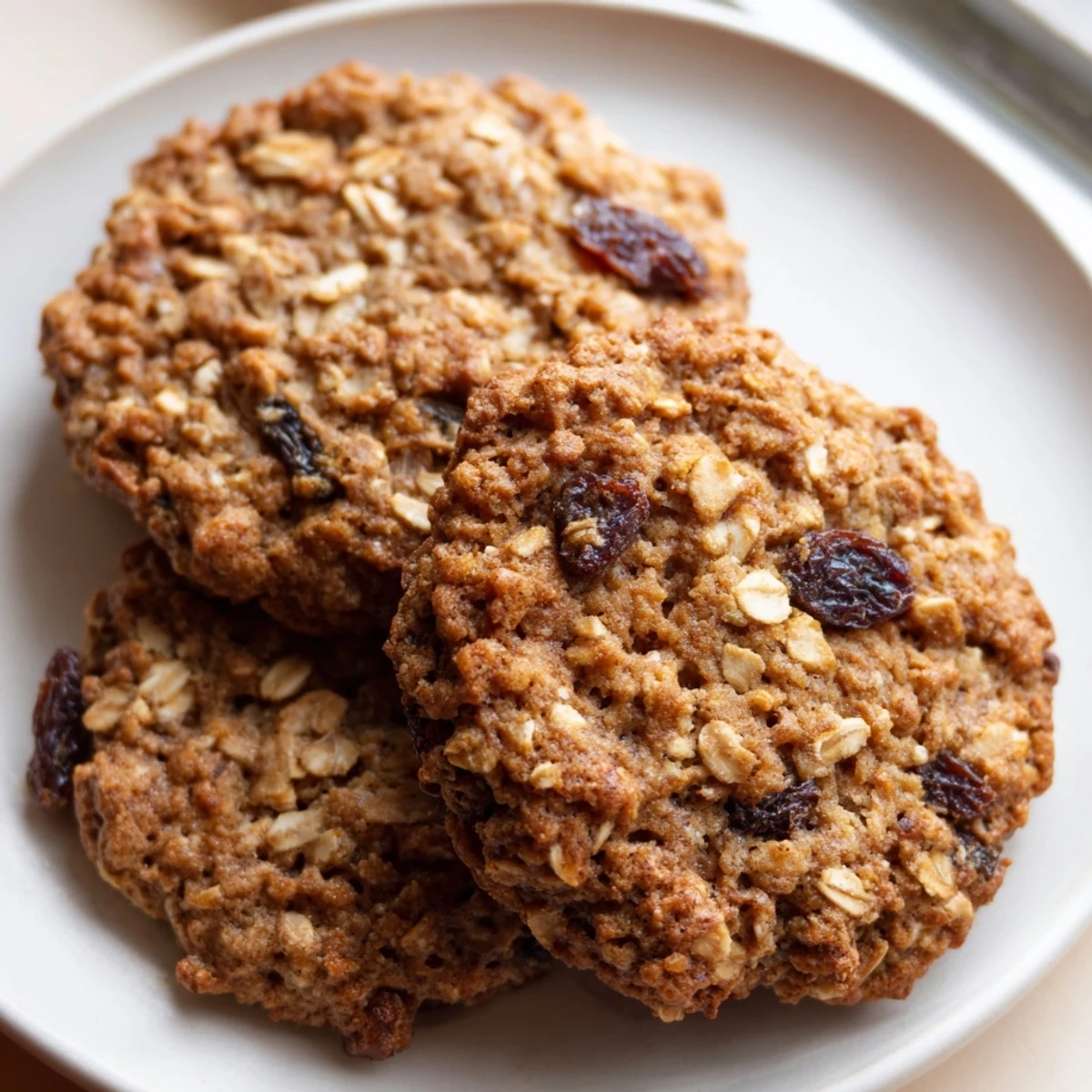 Golden spiced plum oatmeal raisin cookies with chewy centers cooling on a wire rack