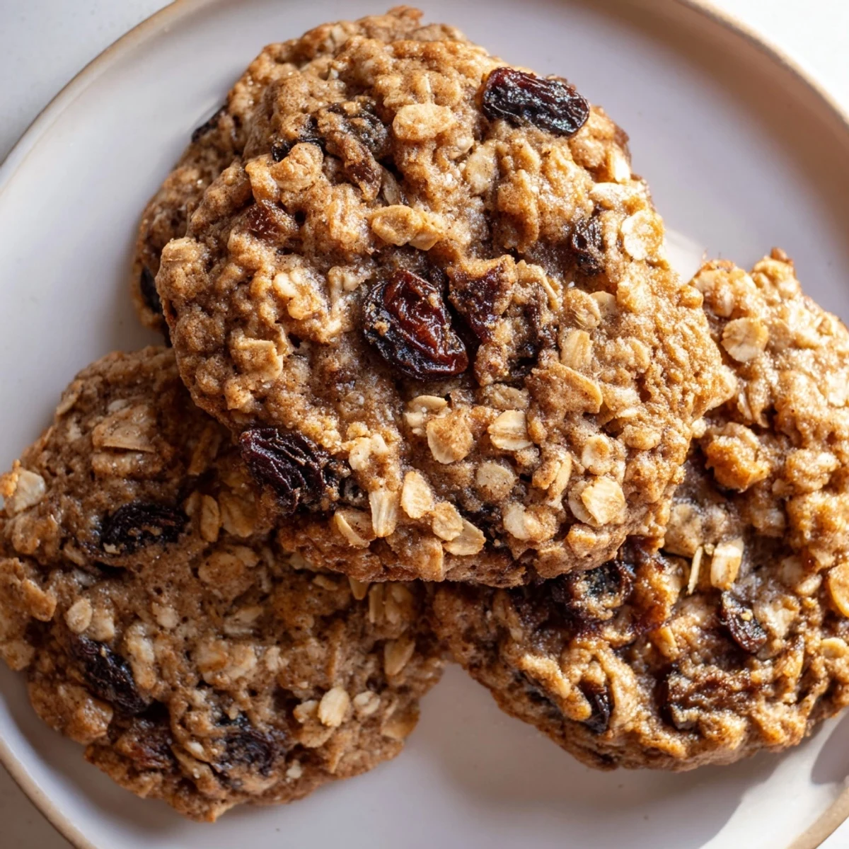 Warm cinnamon scented spiced plum oatmeal raisin cookies stacked on a rustic plate