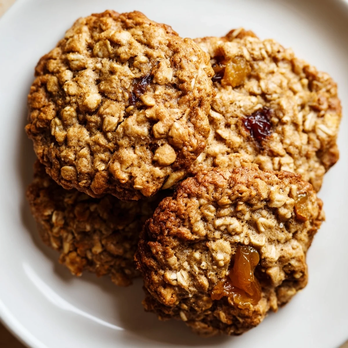 Freshly baked spiced plum oatmeal raisin cookies with golden edges and dotted fruit pieces