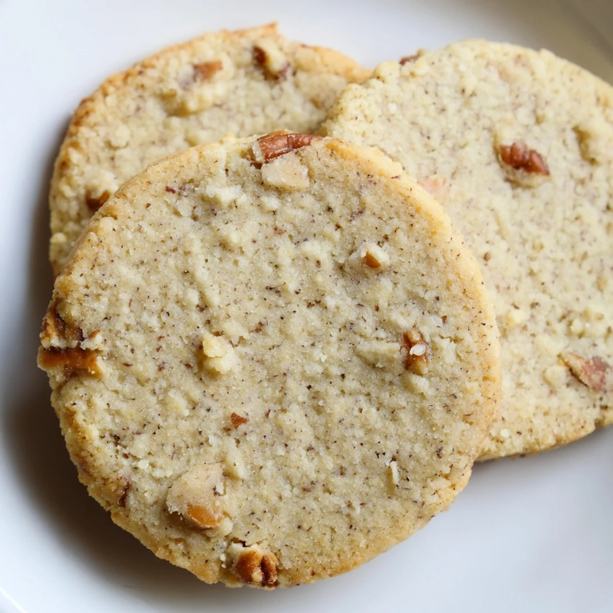 Golden keto vanilla pecan butter cookies with crunchy pecan pieces cooling on a baking sheet