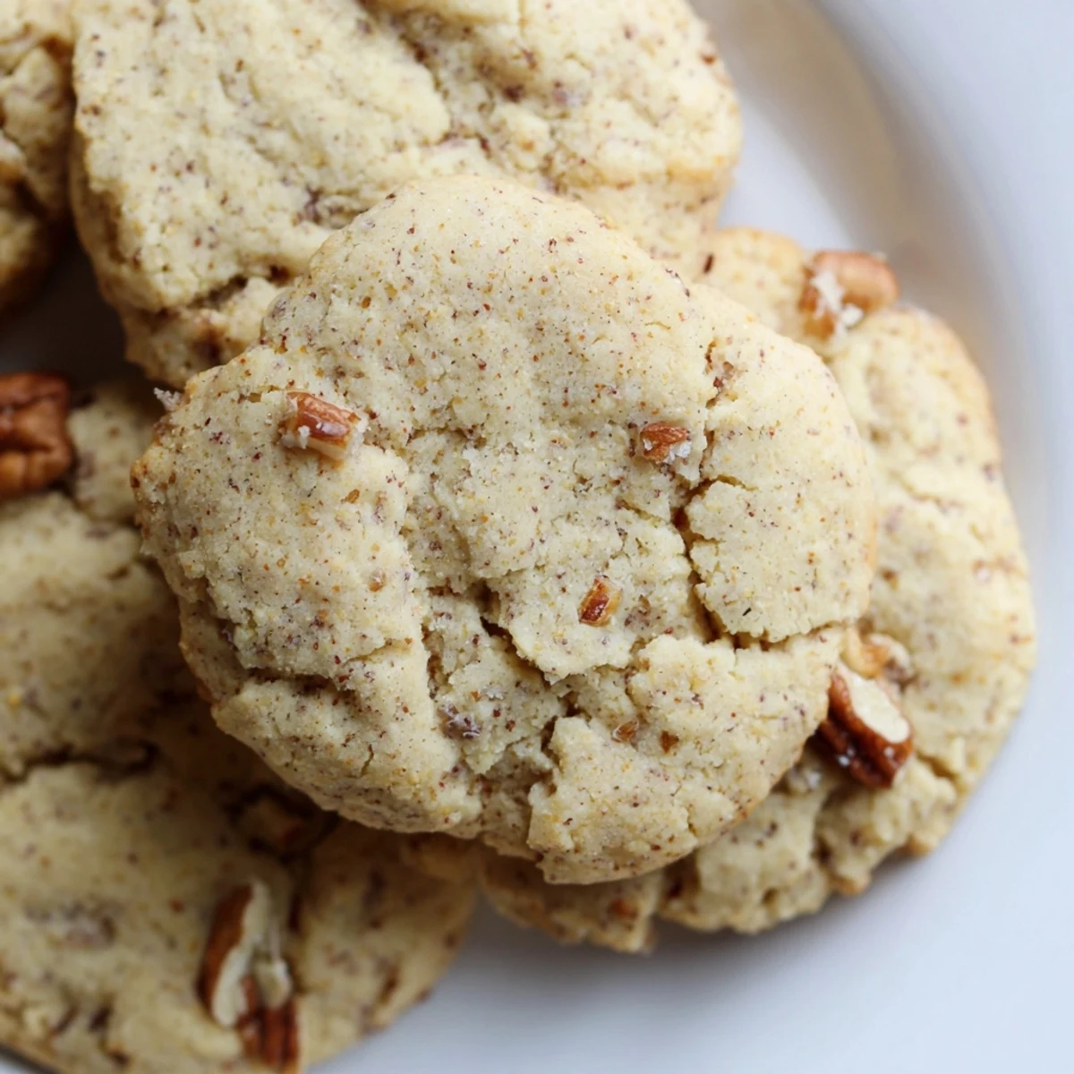 Rustic keto vanilla pecan butter cookies arranged on a white ceramic serving plate