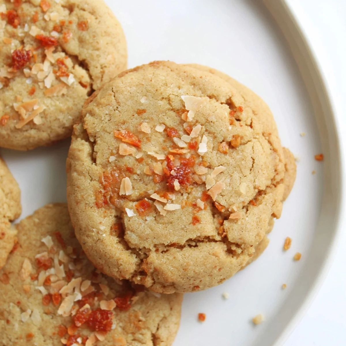 Golden vegan papaya coconut sugar cookies fresh from the oven on parchment paper