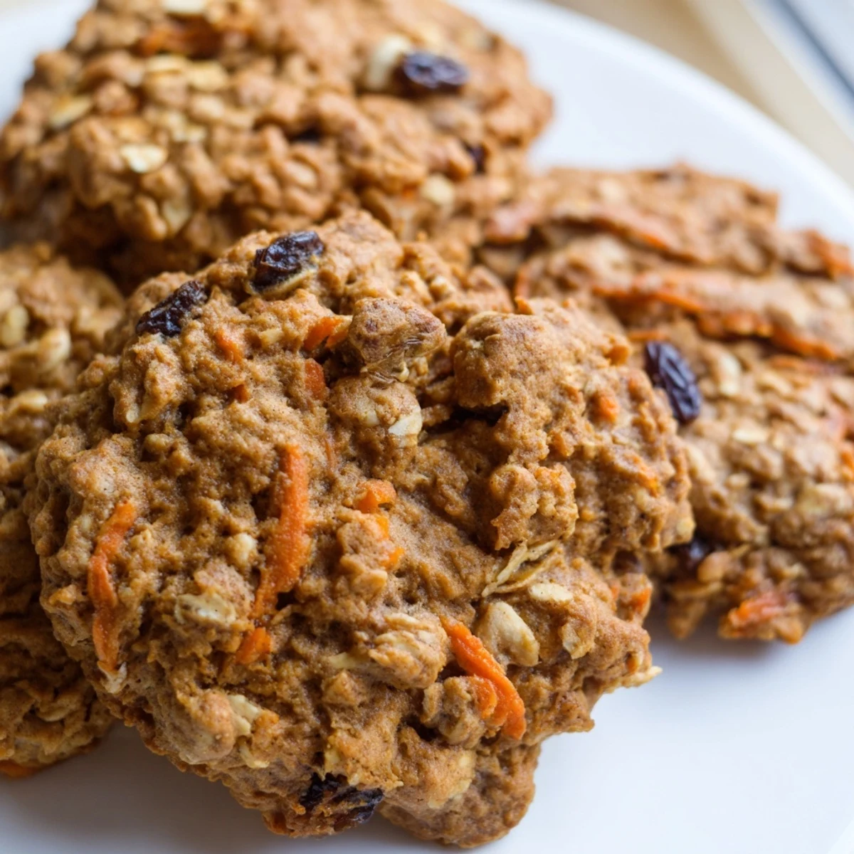 Warm carrot spice oatmeal raisin cookies fresh from the oven with golden edges