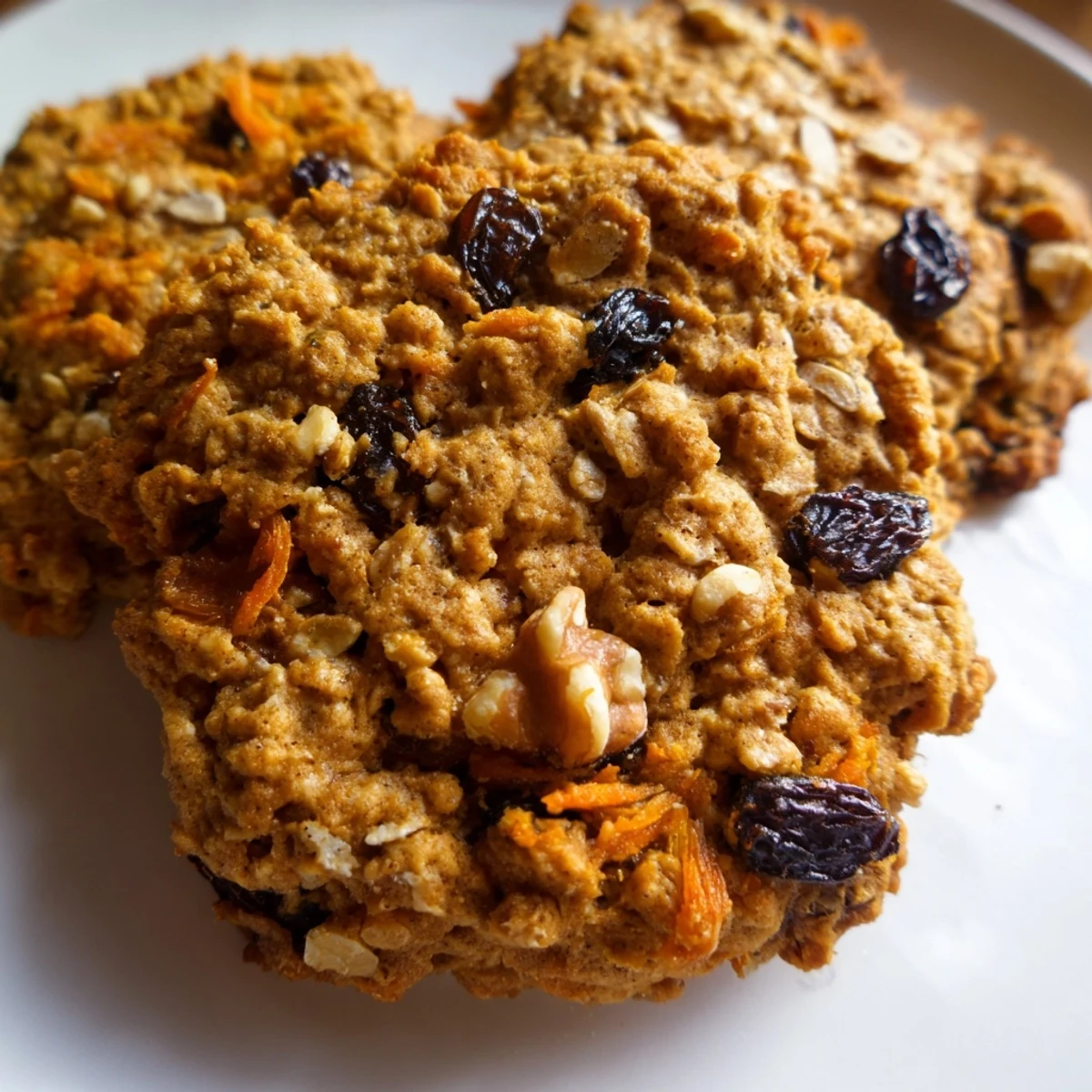 Thick carrot spice oatmeal raisin cookies studded with grated carrots and crunchy walnuts