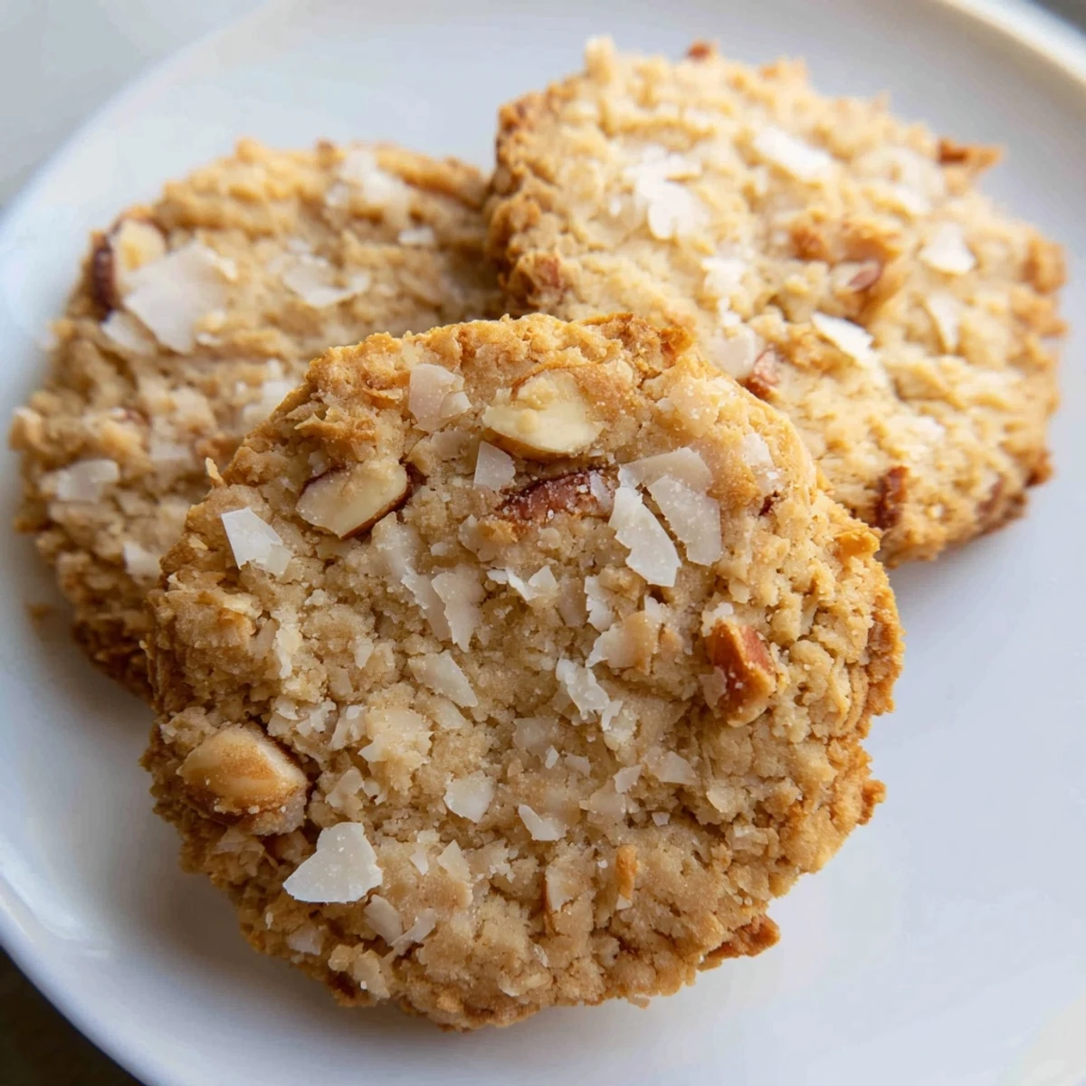 Golden Keto Vanilla Coconut Almond Cookies fresh from the oven on parchment paper.