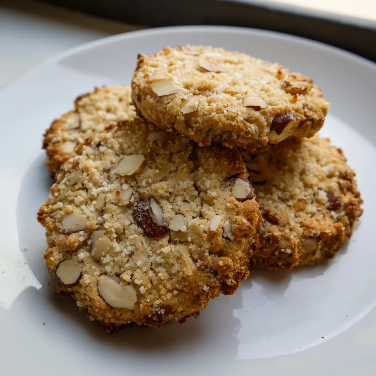 Soft chewy Keto Vanilla Coconut Almond Cookies topped with crunchy roasted almond pieces.