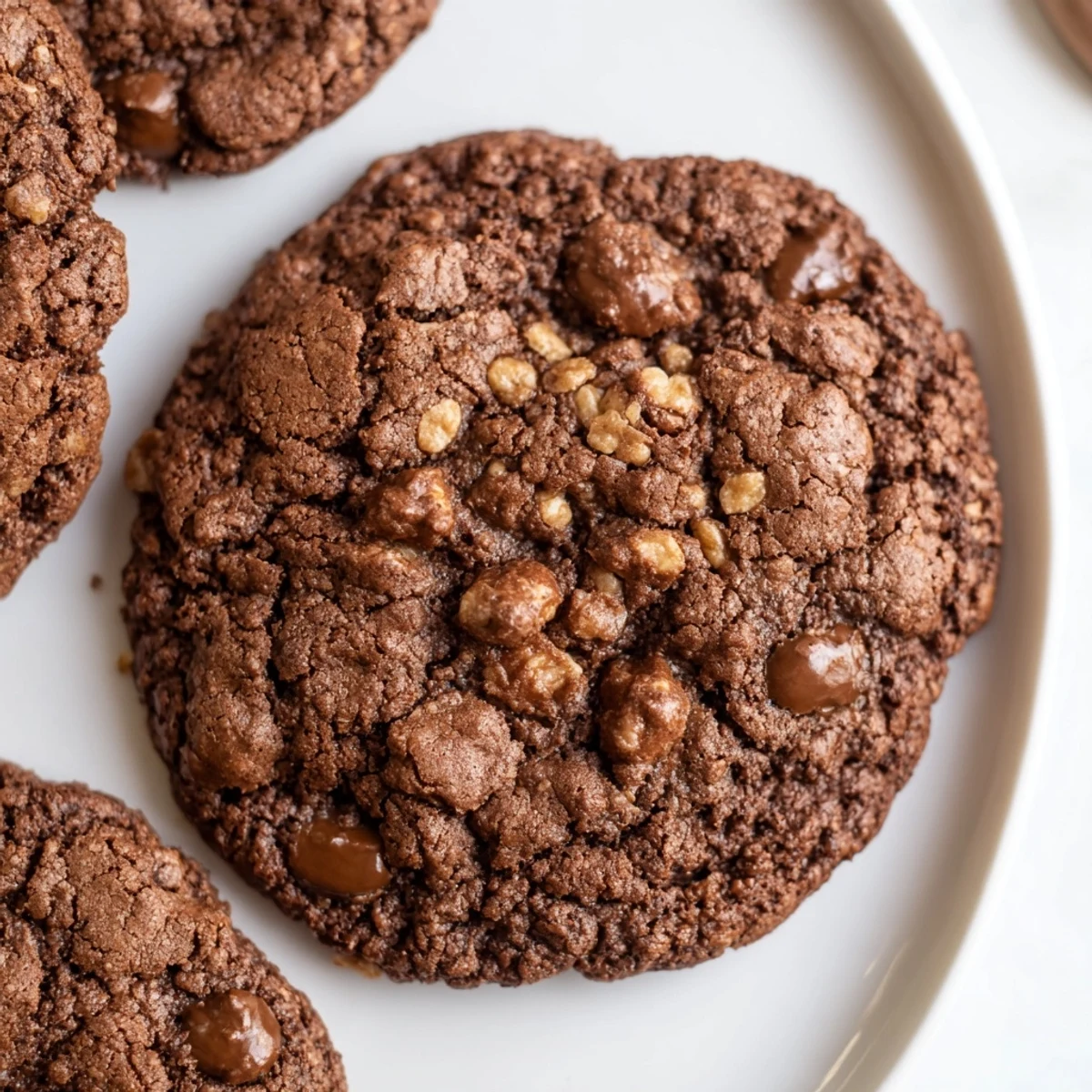 A stack of gluten-free chocolate hazelnut crunch cookies on a rustic wooden cutting board