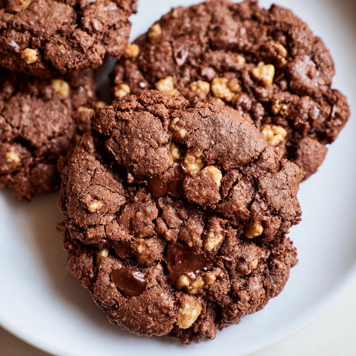 Crisp gluten-free chocolate hazelnut crunch cookies with melted chocolate chips and toasted nuts close up