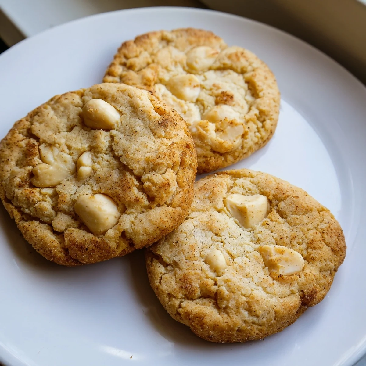 Golden keto cinnamon macadamia butter cookies fresh from the oven on parchment paper.