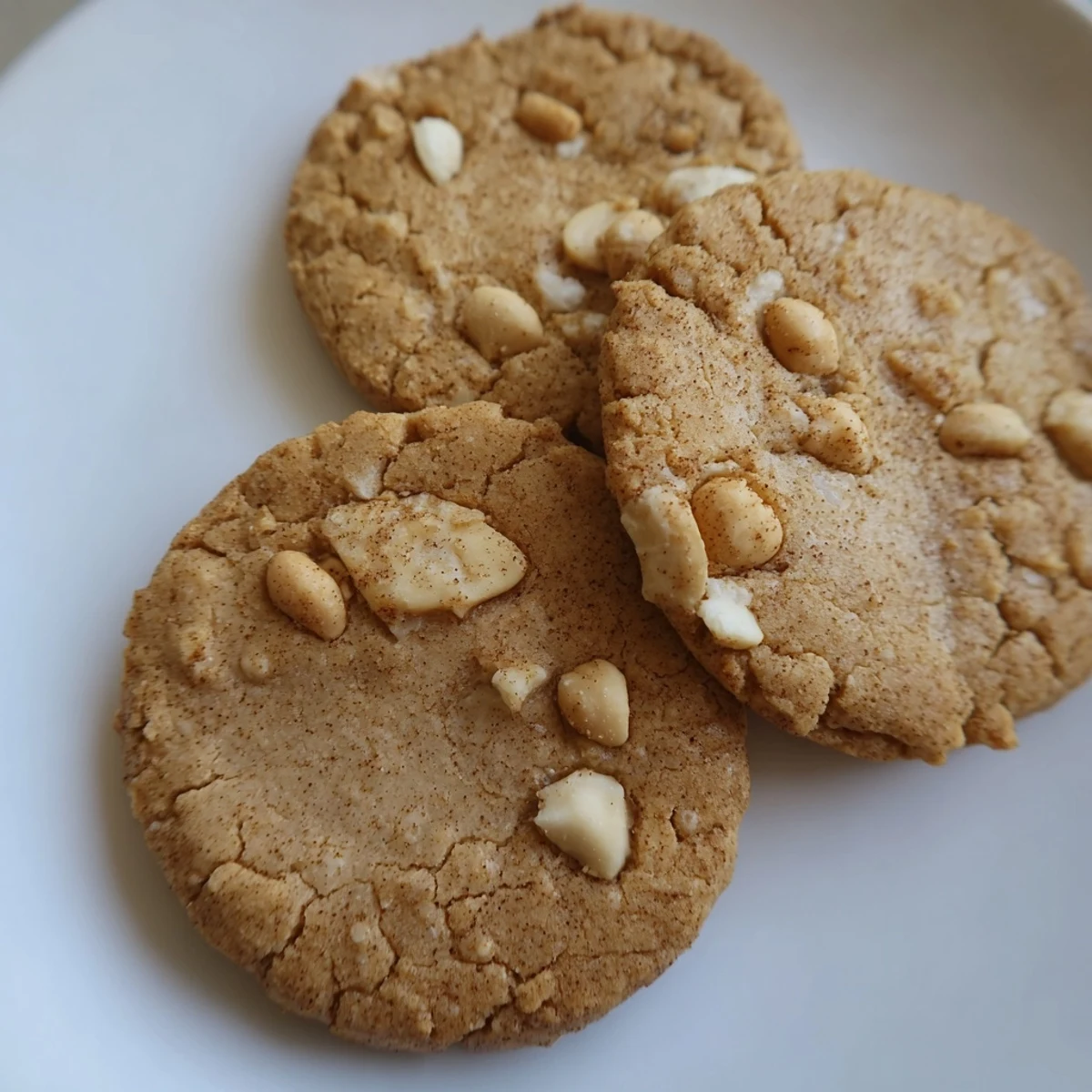 Crisp keto cinnamon macadamia butter cookies topped with chopped nuts on a wire rack.