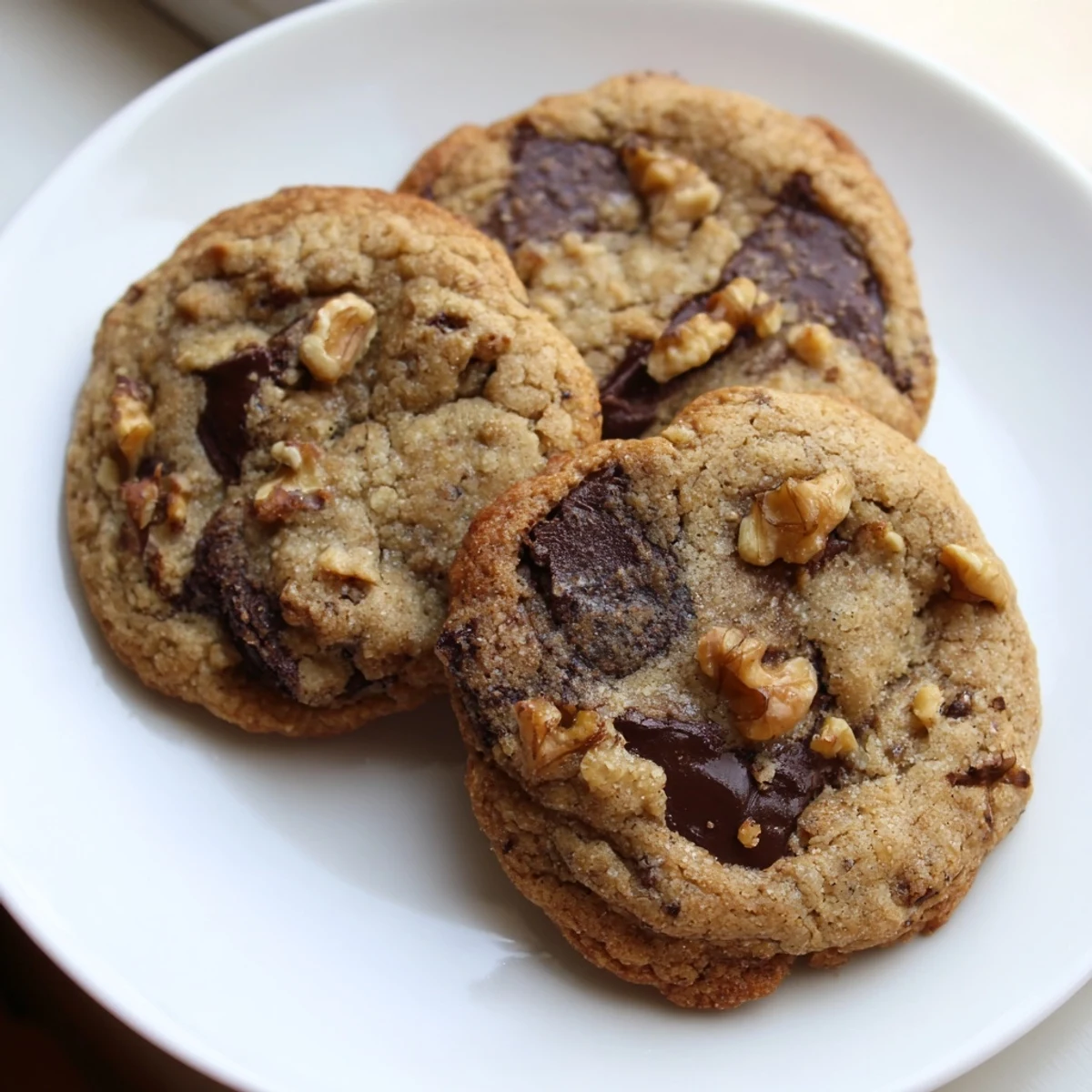 Warm gluten-free espresso walnut chocolate chip cookies fresh from the oven with melty centers