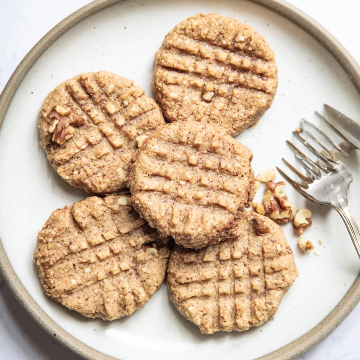 Golden keto maple walnut butter cookies fresh from the oven on parchment paper