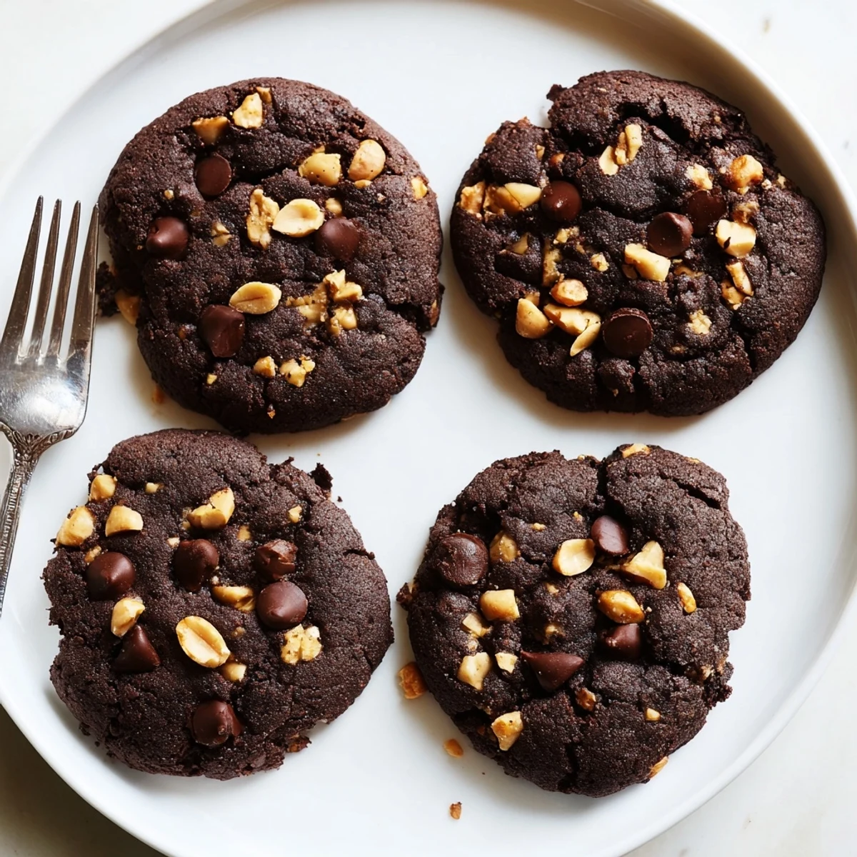 Chewy gluten-free dark chocolate peanut crunch cookies studded with melted chocolate chunks on a rustic baking sheet