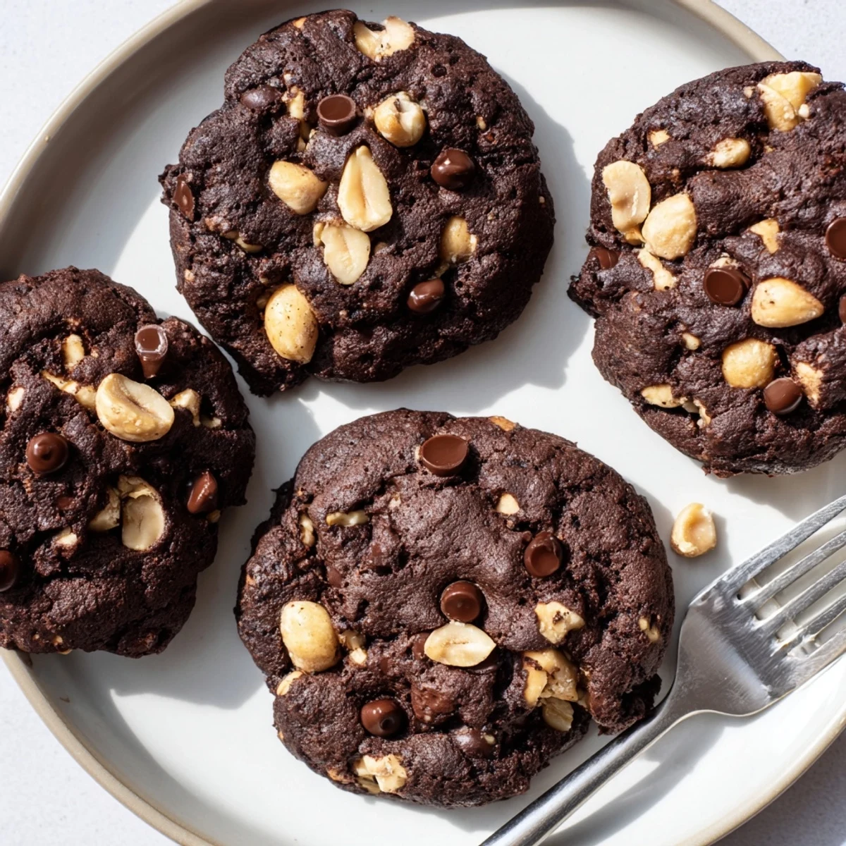 Gooey-centered gluten-free dark chocolate peanut crunch cookies stacked on a plate with roasted peanut garnish nearby