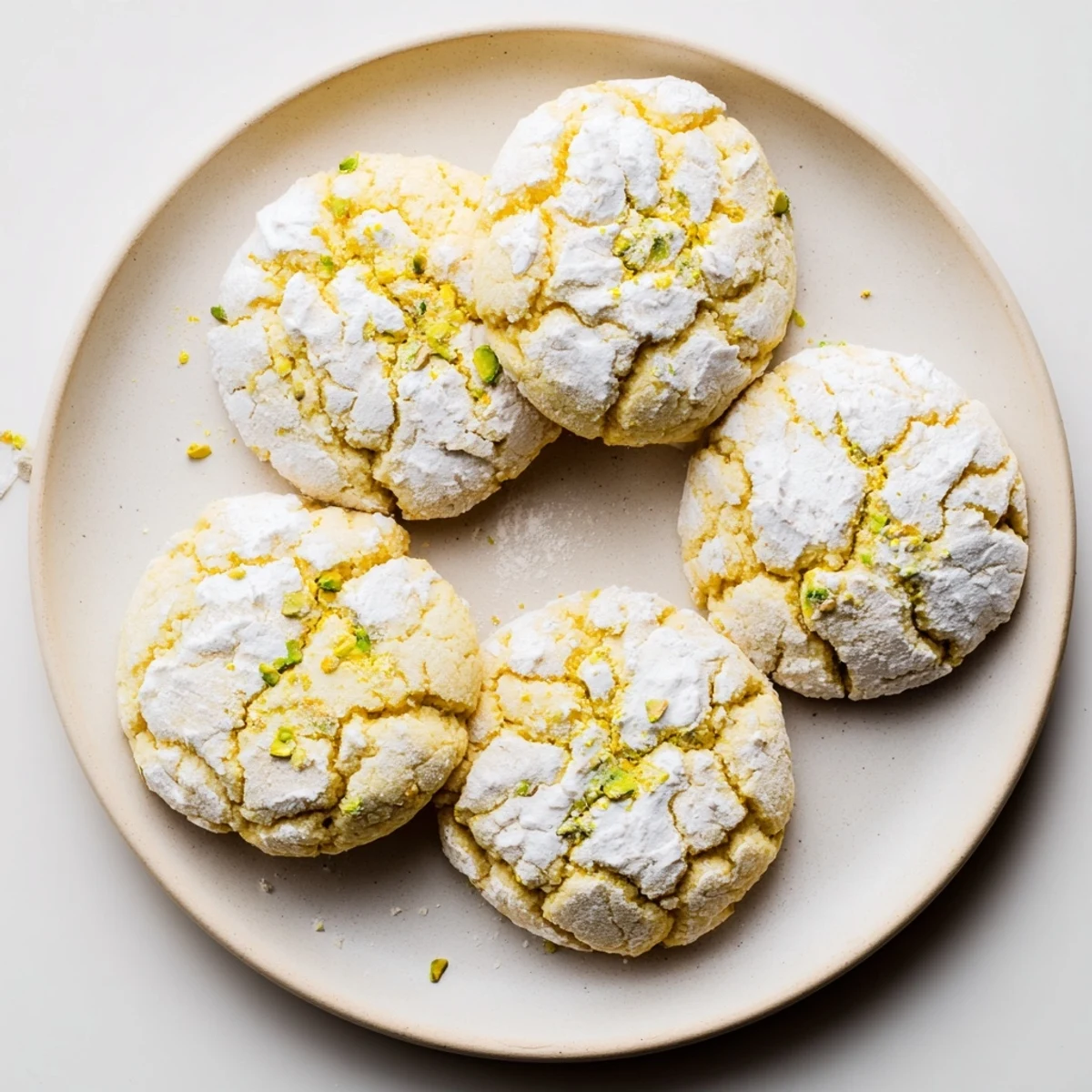 Golden gluten-free lemon pistachio crinkle cookies dusted in snowy powdered sugar on parchment
