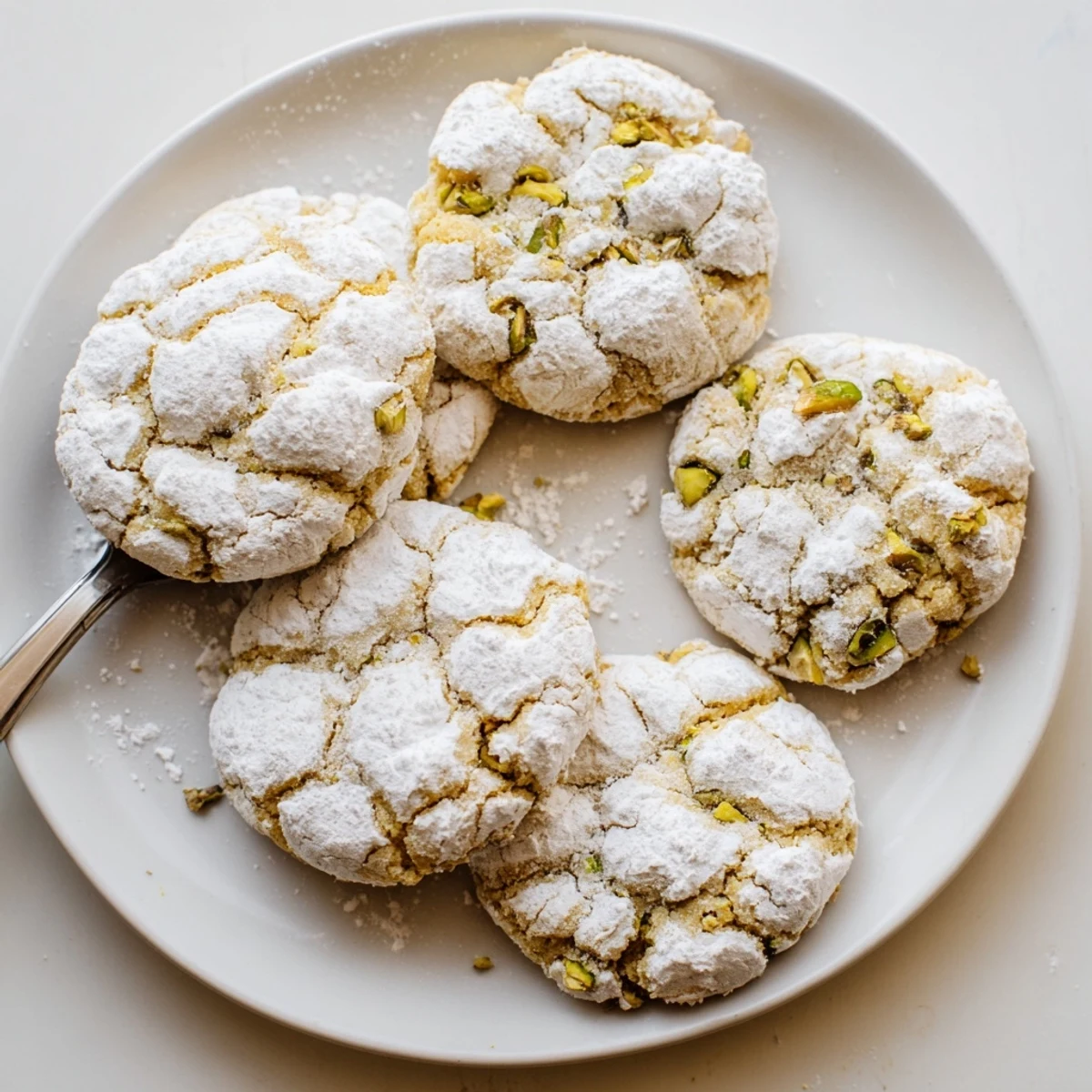 Powdered-sugar-coated gluten-free lemon pistachio crinkle cookies fresh from the oven on a wire rack