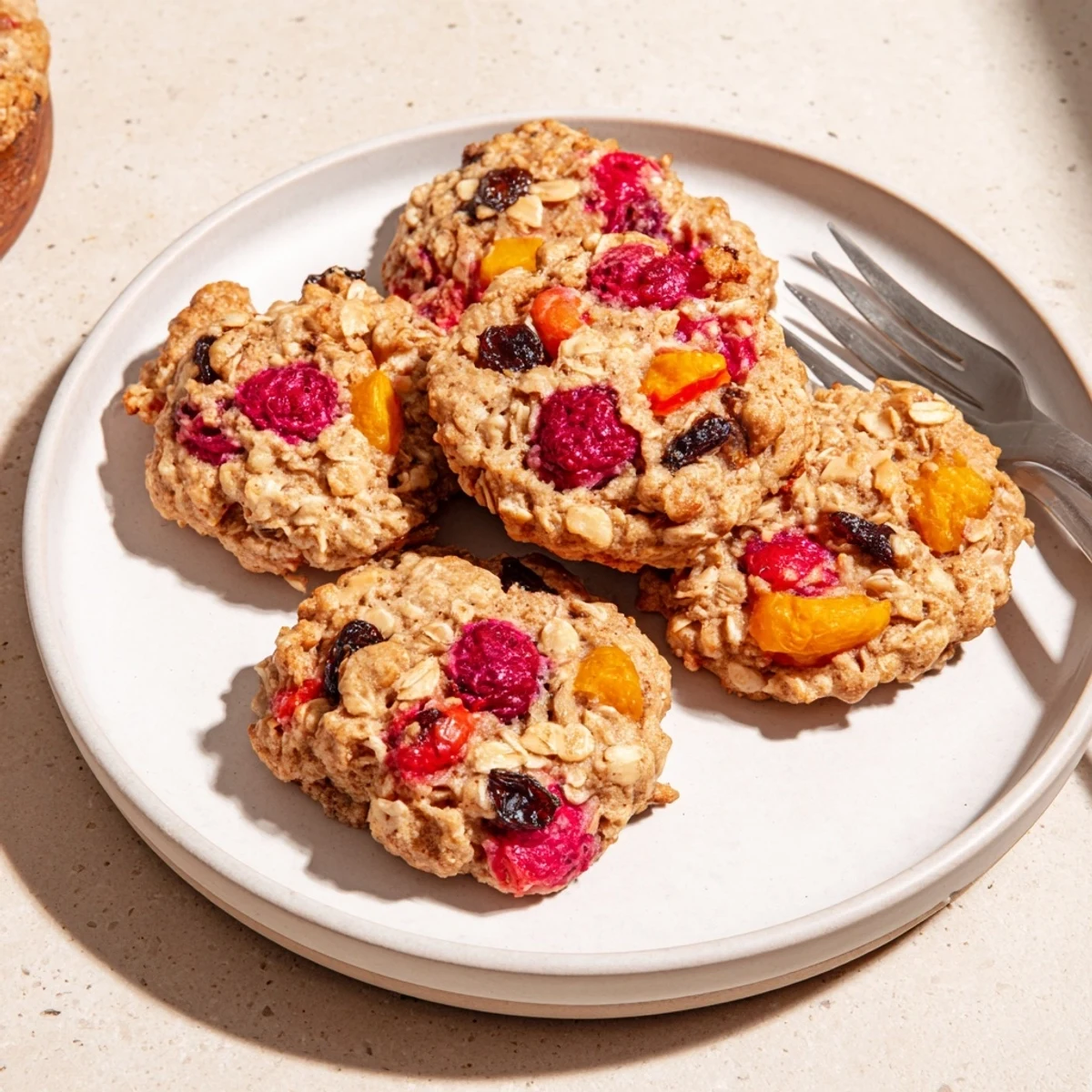 Golden vegan raspberry peach oatmeal raisin cookies fresh from the oven on parchment paper