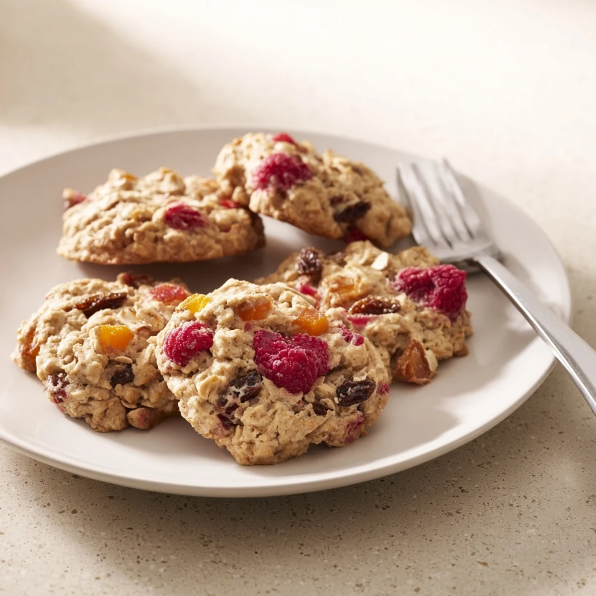 Soft chewy vegan raspberry peach oatmeal raisin cookies studded with juicy berries and fruit