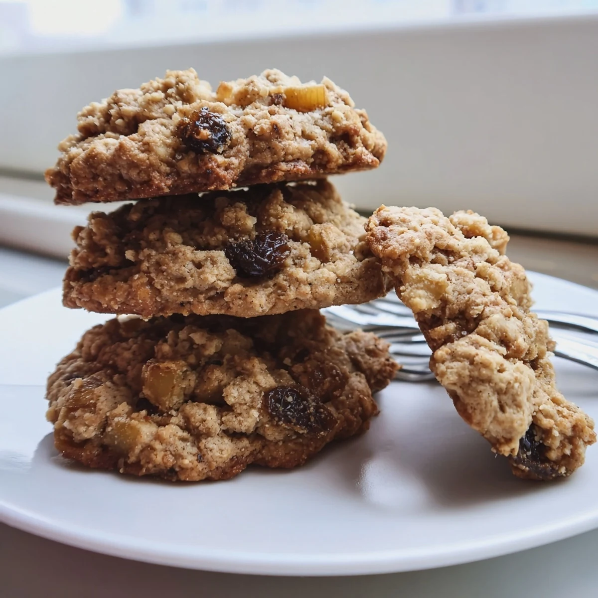 Warm apple cinnamon crumble oatmeal raisin cookies fresh from the oven with crispy oat topping