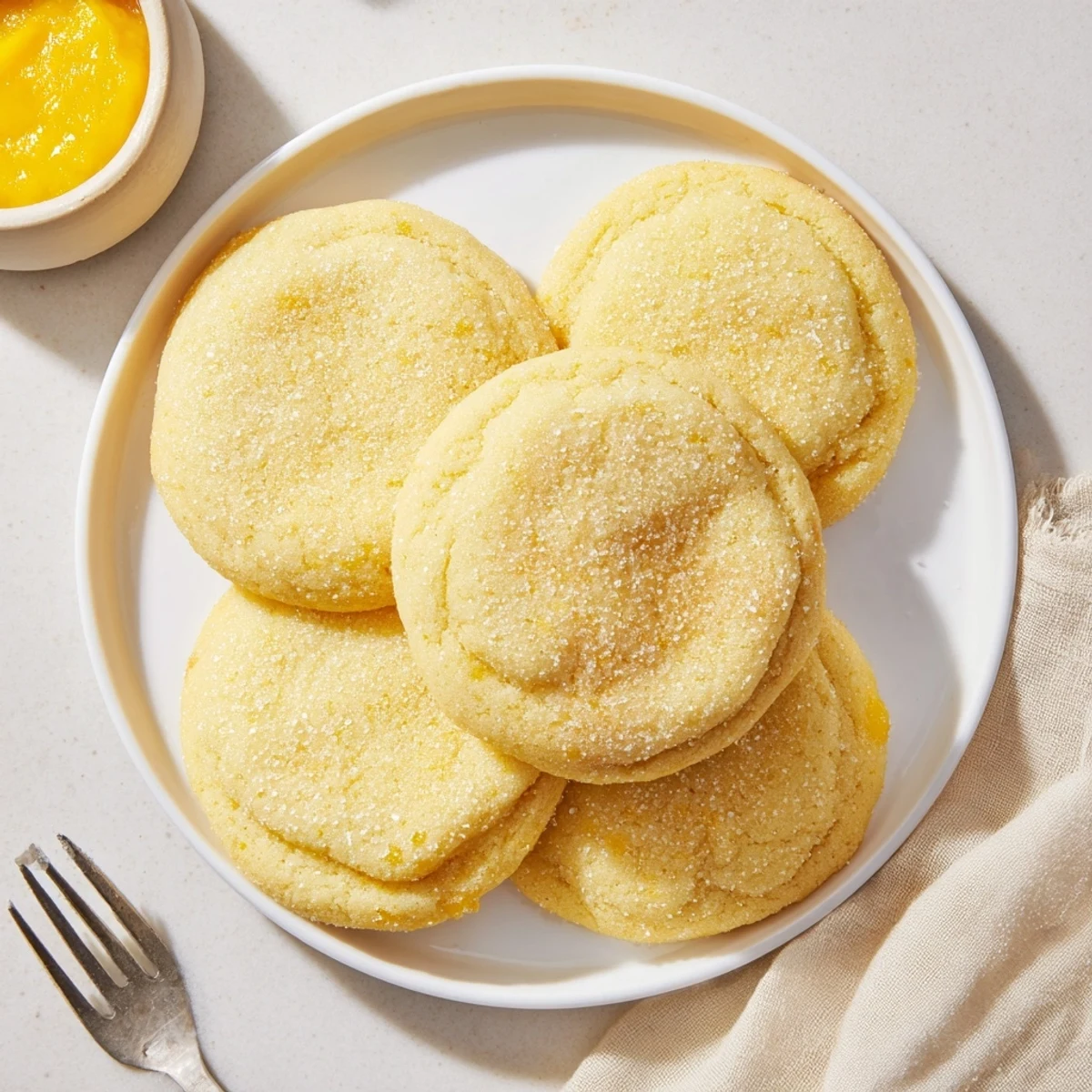 Soft golden vegan mango vanilla sugar cookies with crackled sugar coating on parchment paper