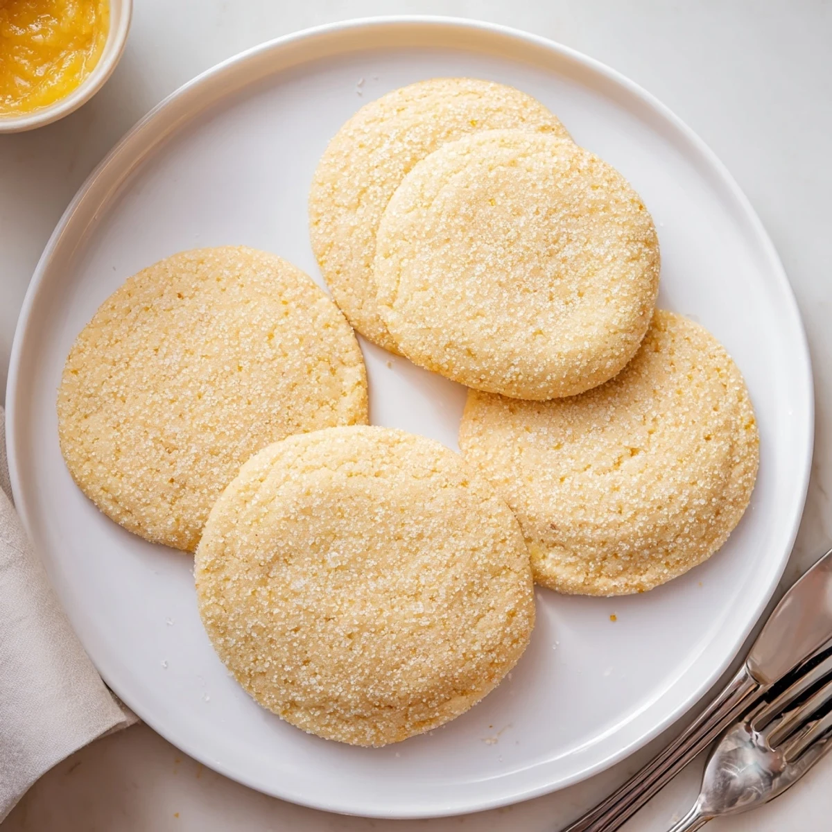 Chewy vegan mango vanilla sugar cookies arranged on a rustic white cooling rack