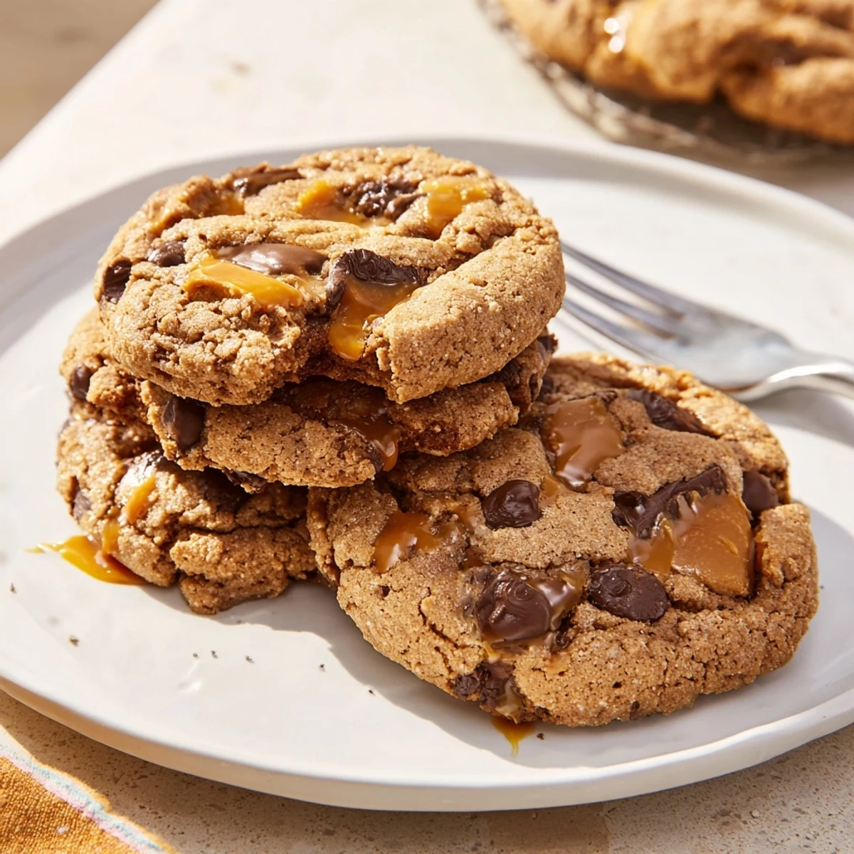 Warm gluten-free espresso caramel chip cookies with golden edges on a rustic cooling rack