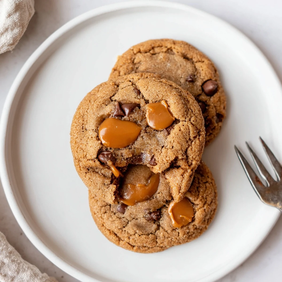 Chewy gluten-free espresso caramel chip cookies studded with melted caramel bits close-up