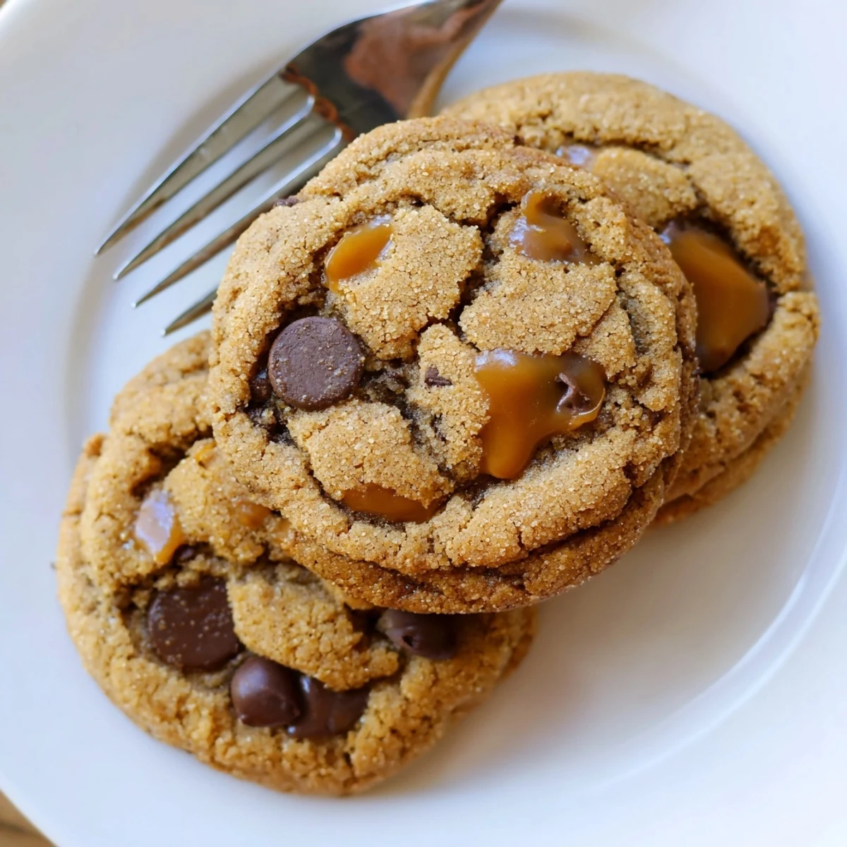 A freshly baked gluten-free espresso caramel chip cookie broken open revealing a soft center