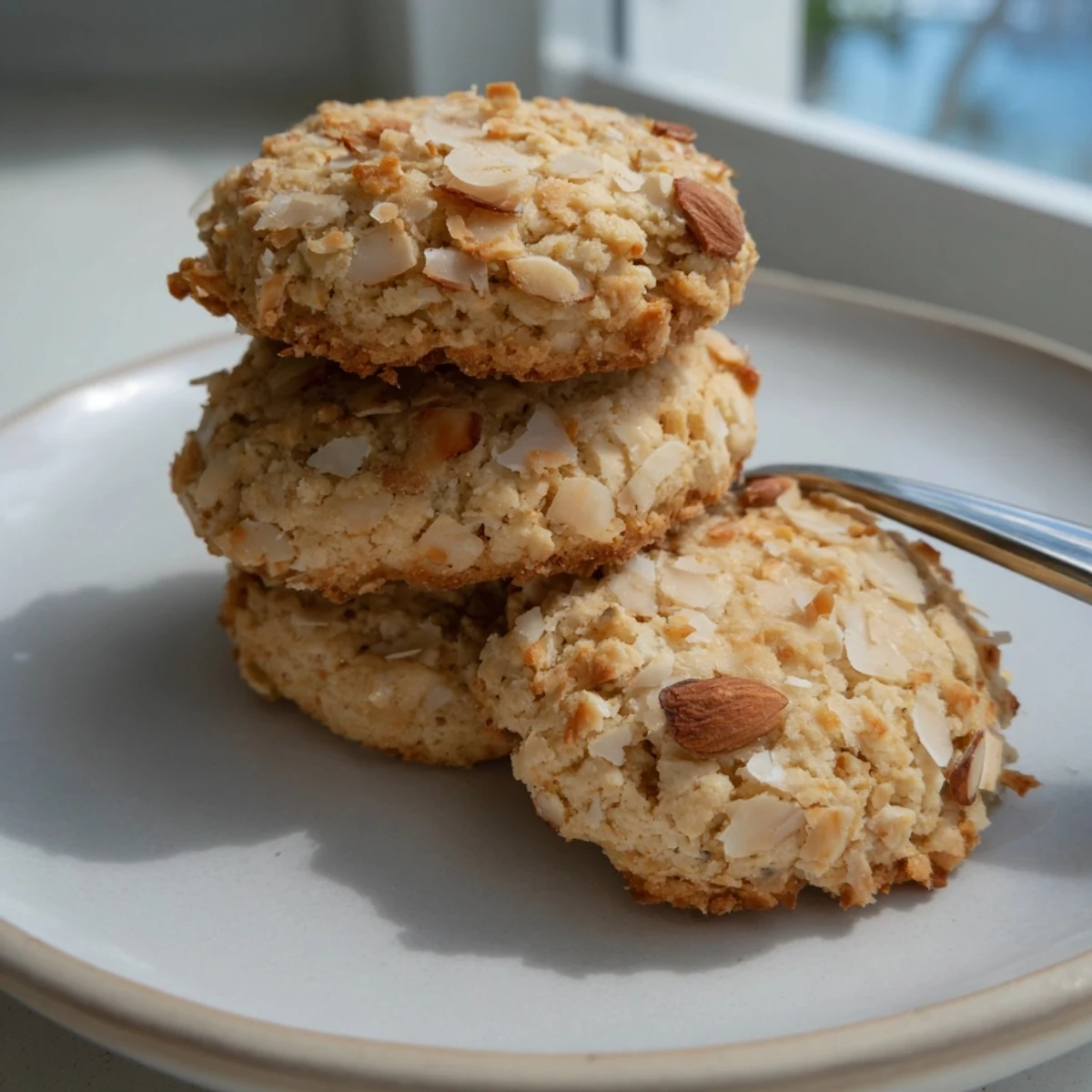 Golden keto vanilla almond crunch cookies fresh from the oven on parchment paper