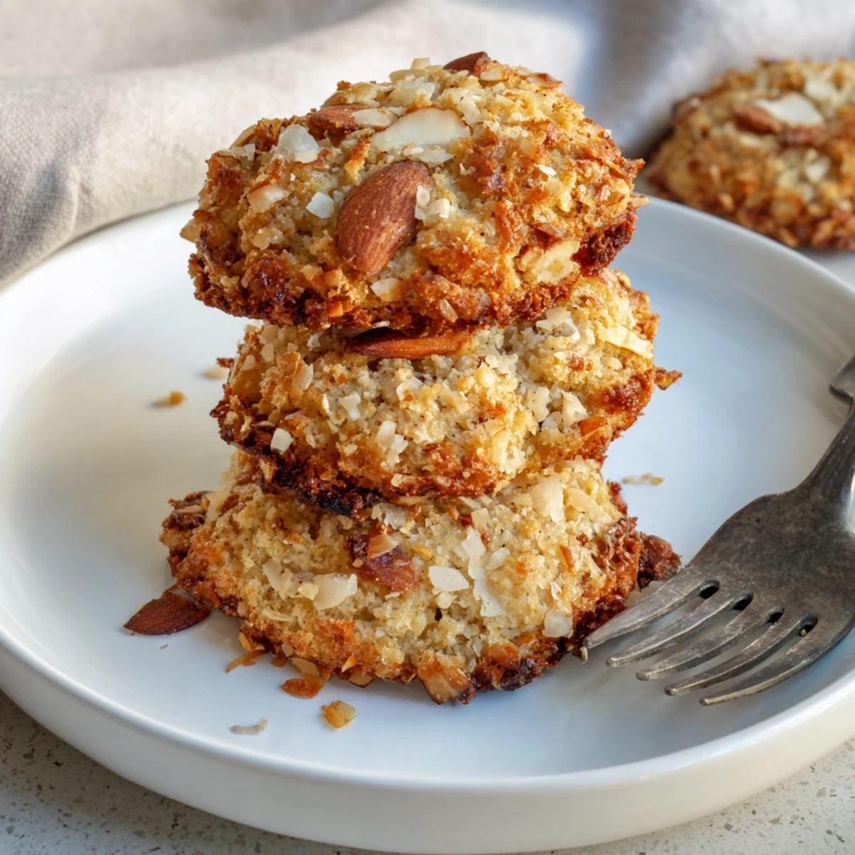 Crispy keto vanilla almond crunch cookies with chopped roasted almonds and cracked edges