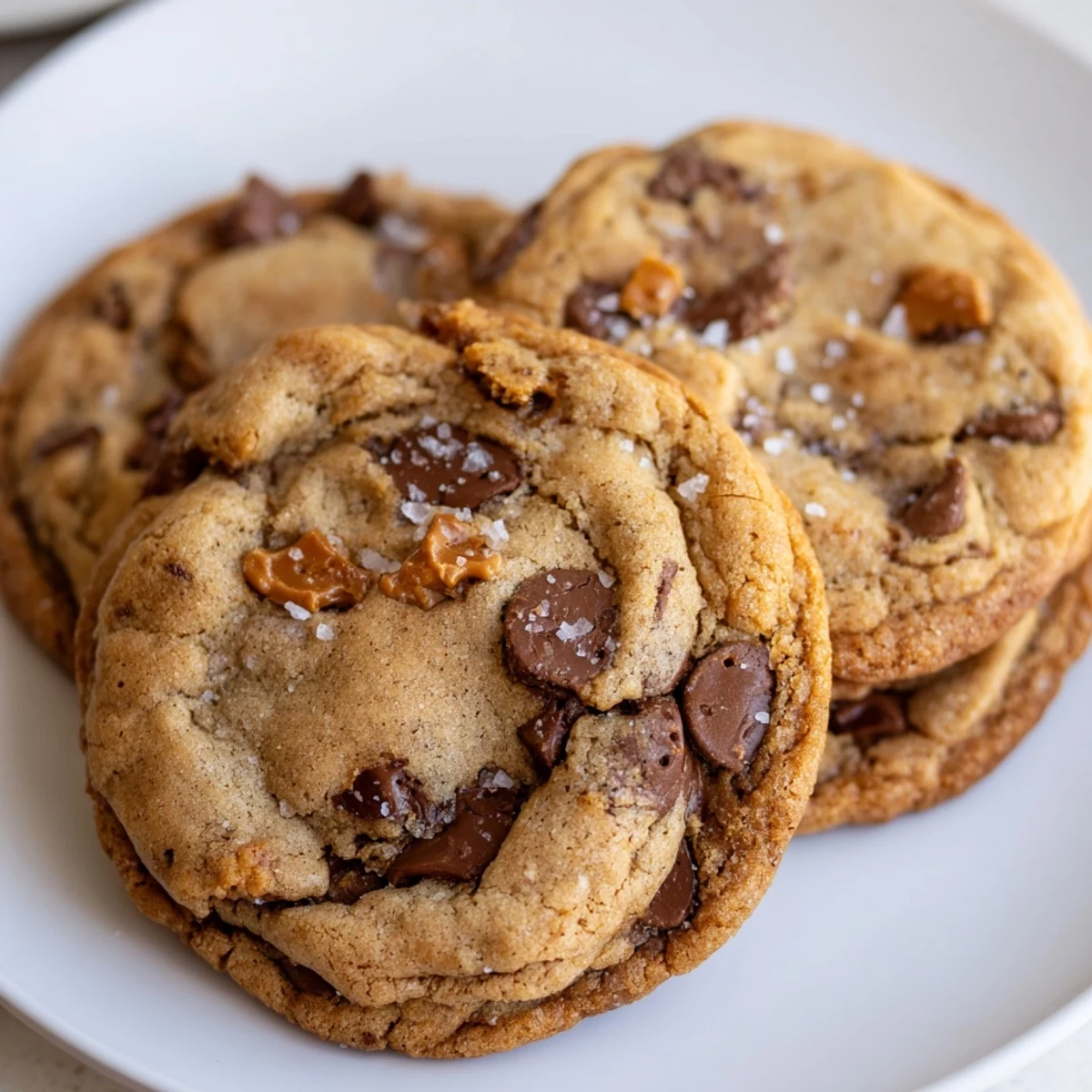 Thick chewy brown butter salted toffee chocolate chip cookies stacked on a wire cooling rack